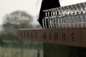 A row of inverted wine glasses on a shelf with the words "GREAT MINDS" engraved catches the light streaming through aluminium sliding doors. Trees are visible in the blurred background.