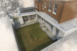 Aerial view of a modern extension with flat roofs and sliding aluminum doors, seamlessly connected to a brick building. It overlooks a grassy backyard where a tree stands tall, casting the shadow of a person at its center.