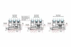 Technical cross-section details of Grand Slider 2 twin track sliding door systems showing internal floor profiles and installation specifications.