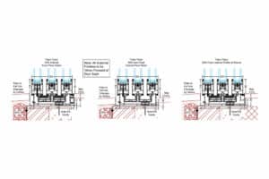 Technical cross-section drawings of triple-track sliding door configurations showing internal floor details and drainage systems.