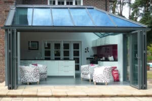 Hipped lean-to roof above bifold doors