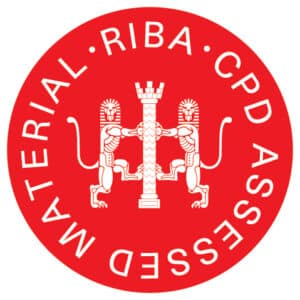 Red circle with white text and emblem. Reads: "RIBA CPD Assessed Material." Features two lions holding a column.