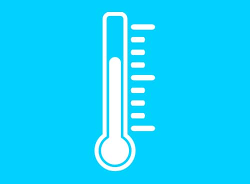 A white thermometer icon on a blue background indicating thermal performance