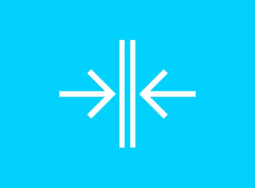 Two white arrows pointing toward a vertical line in the center on a blue background, reminiscent of the sleek design of aluminium casement windows.