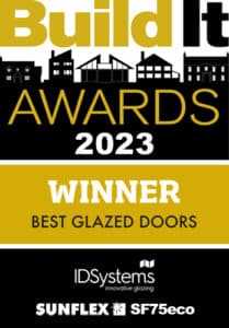 Build It Awards 2023 certificate for winner of "Best Glazed Doors," awarded to IDSystems, featuring their SUNFLEX SF75eco product
