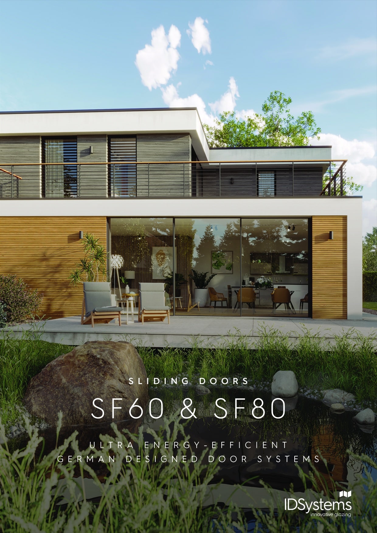 Modern house with large glass sliding doors, wooden accents, and an outdoor seating area surrounded by lush greenery. Featuring the ultra energy-efficient Sliding Doors SF60 & SF80 from IDSystems, renowned for their German design. Explore the options with our detailed downloads today.