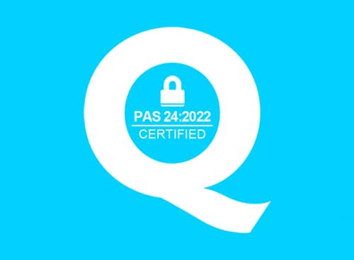 White letter "Q" with a padlock icon and the text "PAS 24:2022 CERTIFIED" inside, on a bright blue background—ideal for glass sliding door security.