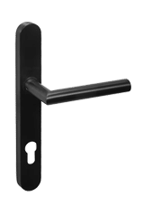 Sleek black metal door handle with a keyhole plate, mounted vertically and isolated on a transparent background—ideal for a modern front door.