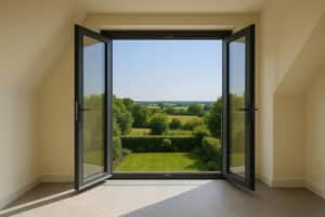 Open glass doors and a sleek frameless glass balustrade reveal a landscaped backyard with green lawn, bushes, and trees, extending to a distant view of fields under a clear blue sky.