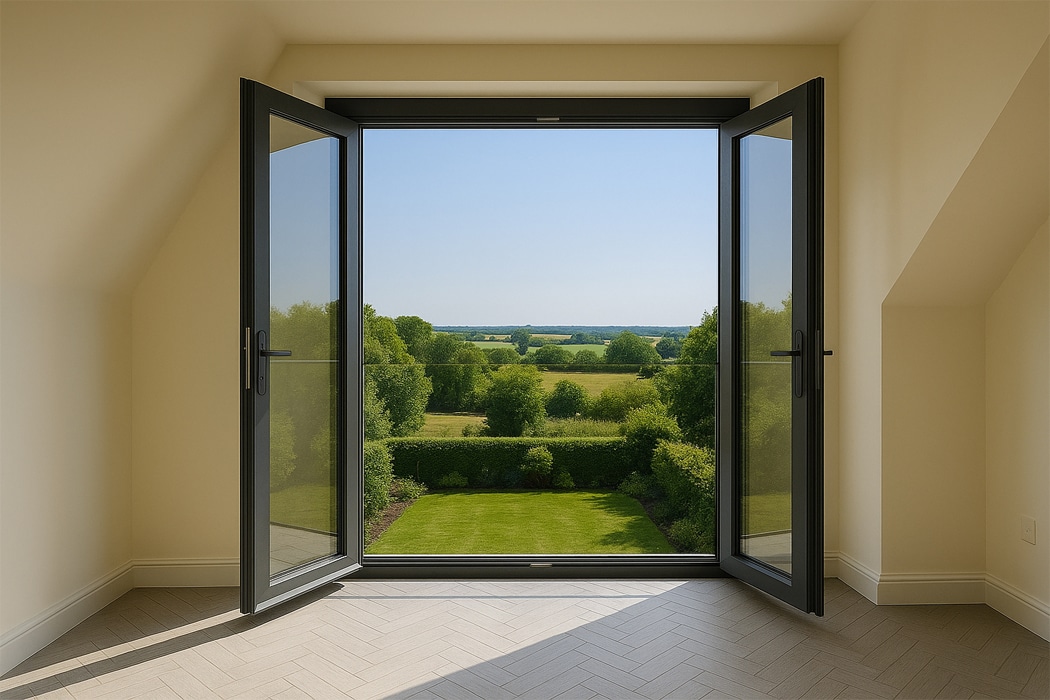 Open glass doors and a sleek frameless glass balustrade reveal a landscaped backyard with green lawn, bushes, and trees, extending to a distant view of fields under a clear blue sky.