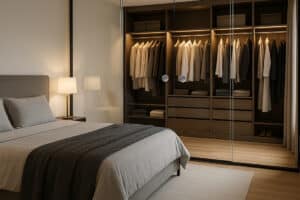 A modern bedroom with a neatly made bed, bedside lamp, and an open wardrobe with clothes and drawers behind a single sliding door, all illuminated by warm lighting.
