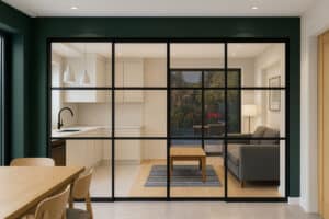 Modern open-plan living space with heritage doors and a glass partition separates the kitchen and dining area from the living room, featuring neutral tones and minimalist furniture.