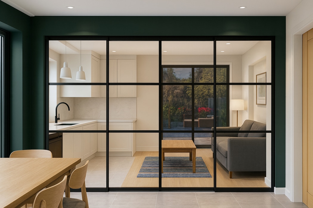 Modern open-plan living space with heritage doors and a glass partition separates the kitchen and dining area from the living room, featuring neutral tones and minimalist furniture.