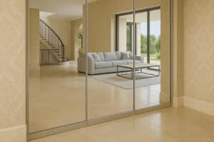 A modern living room with a beige tiled floor, slide and turn doors, a large mirror wall, a light gray sofa, coffee table, and staircase in the background.