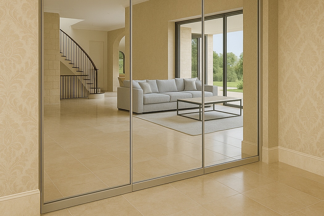 A modern living room with a beige tiled floor, slide and turn doors, a large mirror wall, a light gray sofa, coffee table, and staircase in the background.