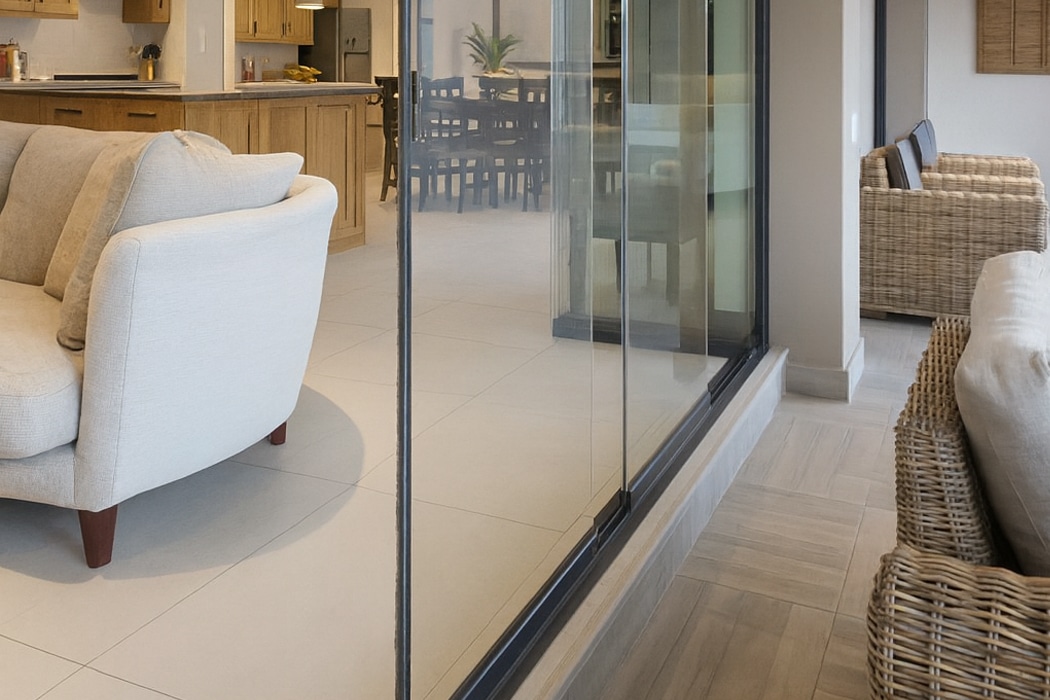 Modern open-plan living area with beige sofas, wicker chairs, tiled floors, and a glass wall featuring slide and turn doors, offering a seamless view into the kitchen and dining area in the background.