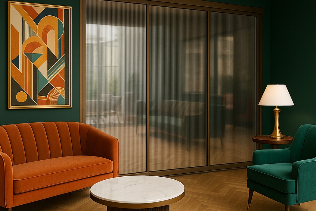 A modern living room with an orange sofa, green armchair, round marble coffee table, gold lamp, abstract art on the wall, and sleek slide and turn doors.