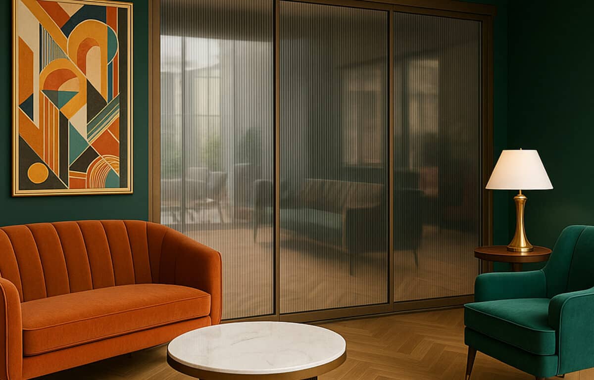 A modern living room with an orange sofa, green armchair, round white coffee table, table lamp, abstract artwork, and stylish slide and turn doors.