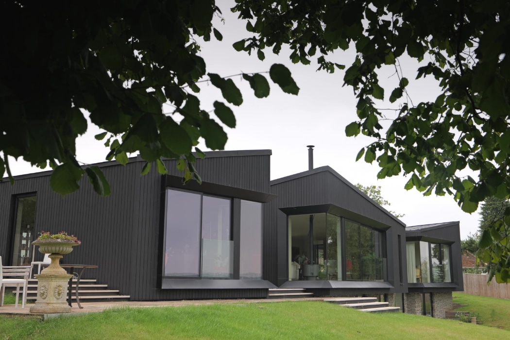 Modern black house with large glass windows and angular rooflines, surrounded by grass and partially framed by tree branches.