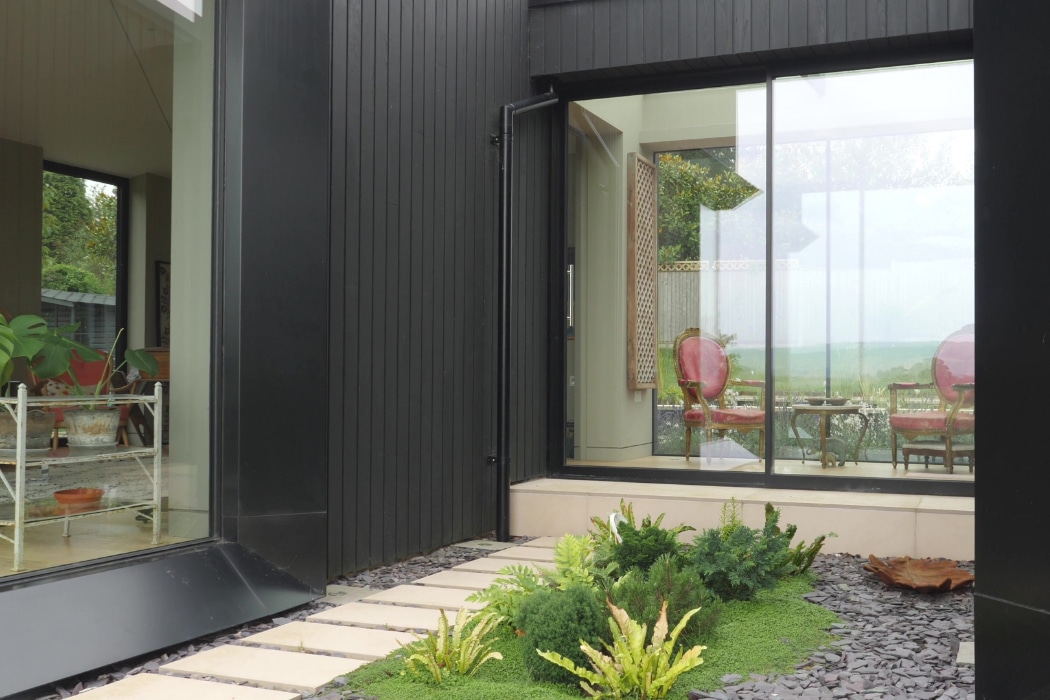 A modern house with black exterior walls, large glass windows, an indoor plant, stone path, and small garden area with shrubs in the foreground.