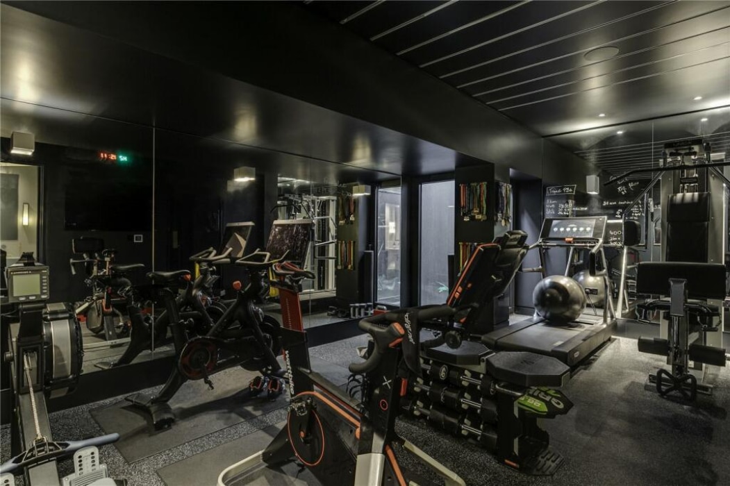 Modern home gym with exercise bikes, treadmill, rowing machine, weight bench, free weights, mirrors, and dark walls, all in a compact, well-lit space.