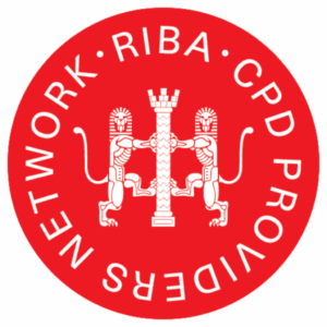 Circular emblem with two stylised lions facing a central column, symbolising strength and innovation, with "RIBA CPD PROVIDERS NETWORK" around the edge in red and orange hues—ideal for those specialising in bifold doors.