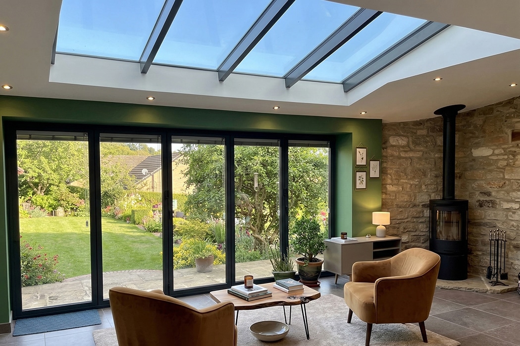 A modern living room with large structural glass roofs, stone walls, two yellow chairs, a wood-burning stove, and glass doors opening to a garden.