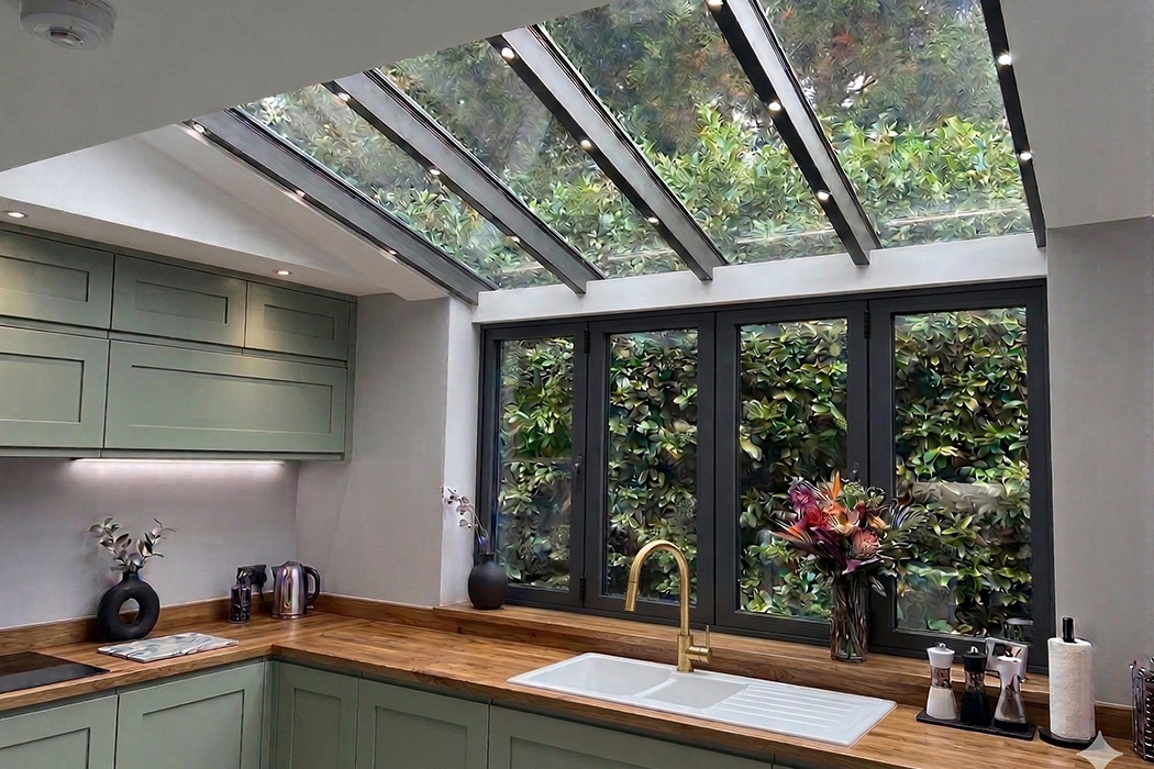 Modern kitchen with green cupboards, wooden worktops, white sink, gold tap, large windows, and a structural glass roof offering a view of lush greenery outside.