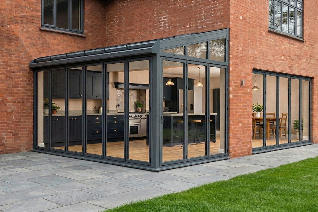 A modern brick house with structural glass roofs and floor-to-ceiling glass doors enclosing a kitchen and dining area, opening onto a stone patio and green lawn.
