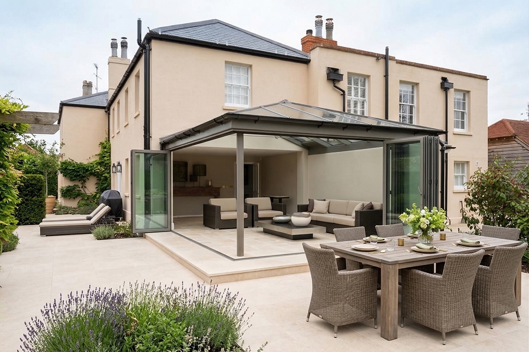 Modern beige house with a glass-walled conservatory featuring structural glass roofs, outdoor seating area, lounge chairs, and a dining table set on a spacious patio surrounded by plants and greenery.