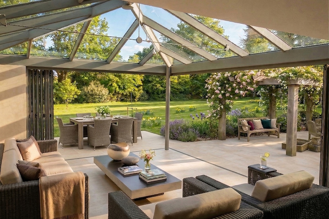 Modern patio with a structural glass roof, wicker furniture, coffee table, and outdoor dining area, opening to a landscaped garden with trees, flowers, and greenery.