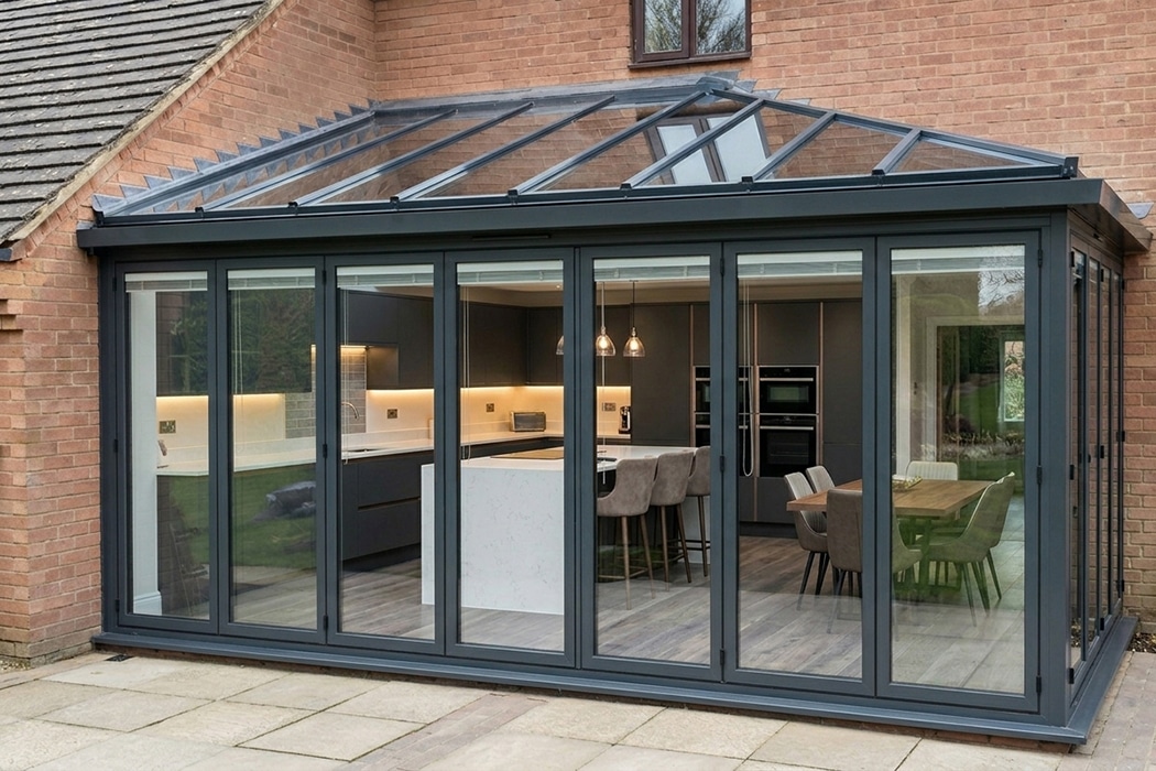 A modern kitchen and dining area with grey cabinetry and an island, enclosed by glass walls and a structural glass roof extension attached to a brick house.