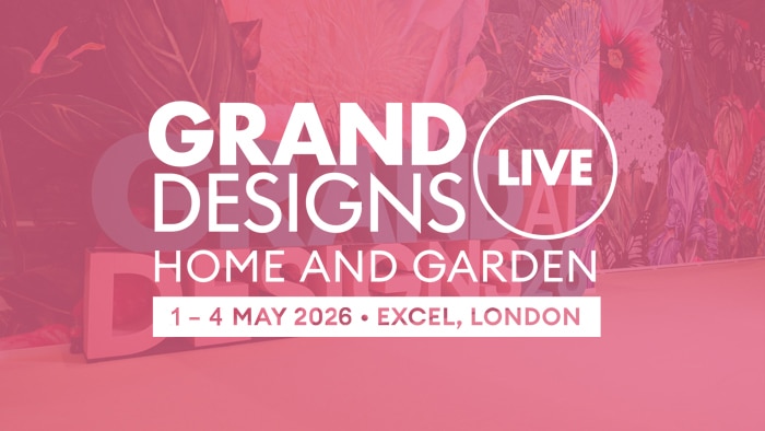 Grand Designs Live Home and Garden event banner for 1–4 May 2026 at ExCeL London, with floral background and bold white text.