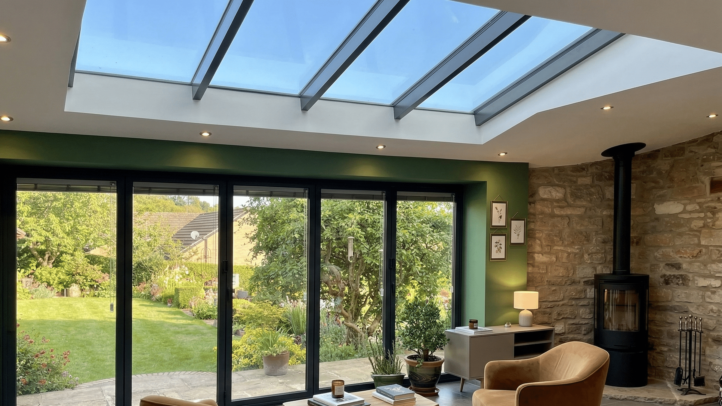 A modern living room with an inset glass roof, floor-to-ceiling glass doors, indoor plants, and a view of a green garden outside.