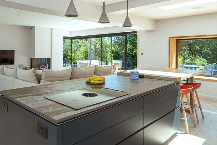 Modern open-plan kitchen and living space featuring extensive double-height glazing overlooking gardens and woodland views.